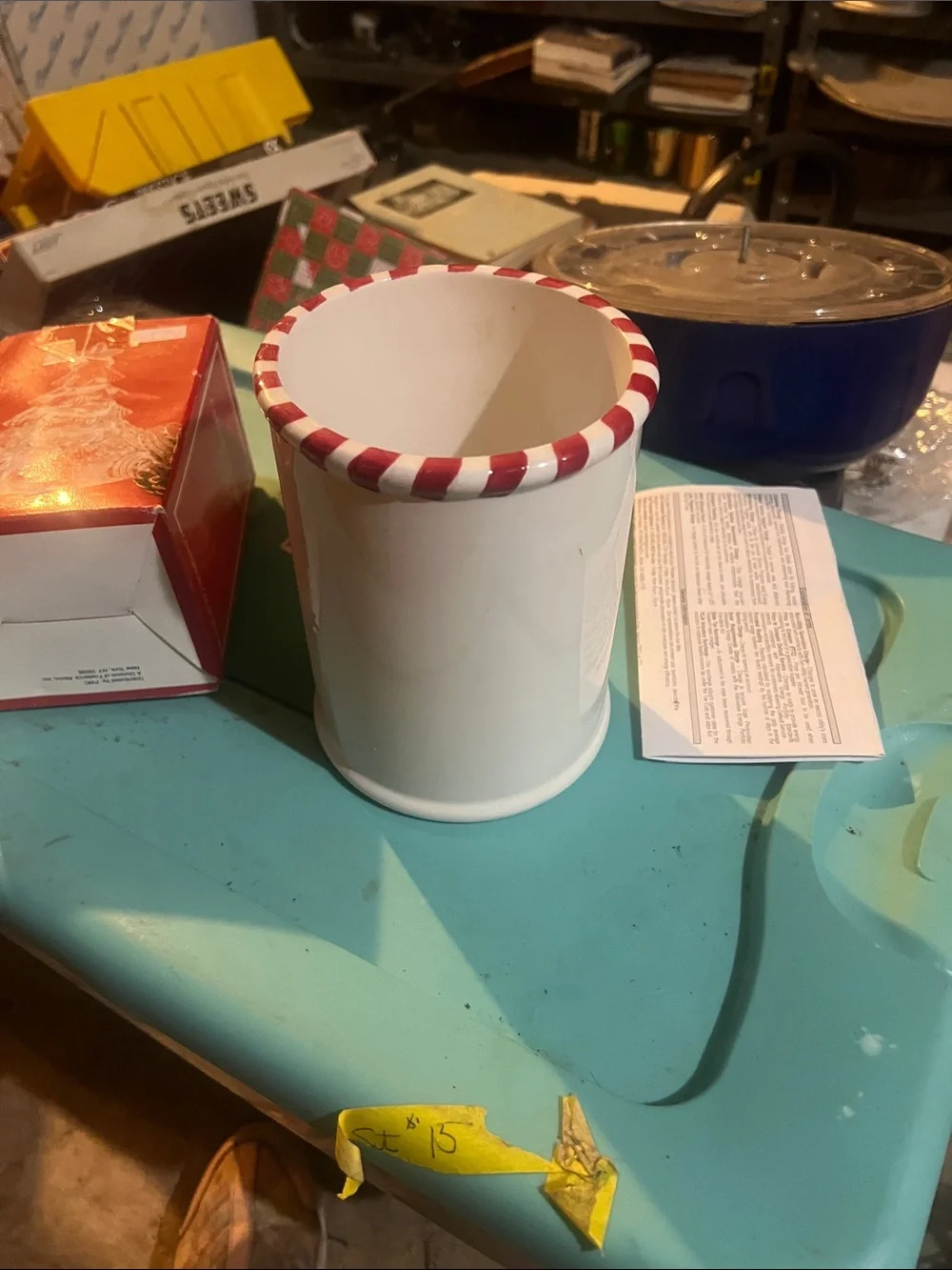 Vintage White Ceramic Utensil Holder or candle holder Red-White Striped Rim